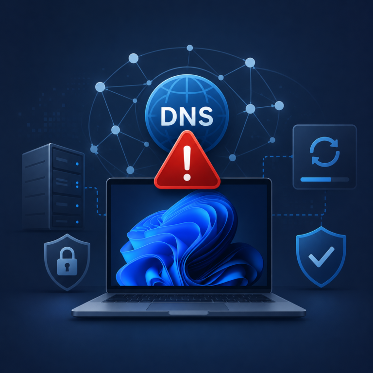 Modernes Cybersecurity-Thumbnail mit Laptop, DNS-Netzwerk, rotem Warnsymbol und Update-Elementen zu kritischen Windows-Sicherheitslücken.