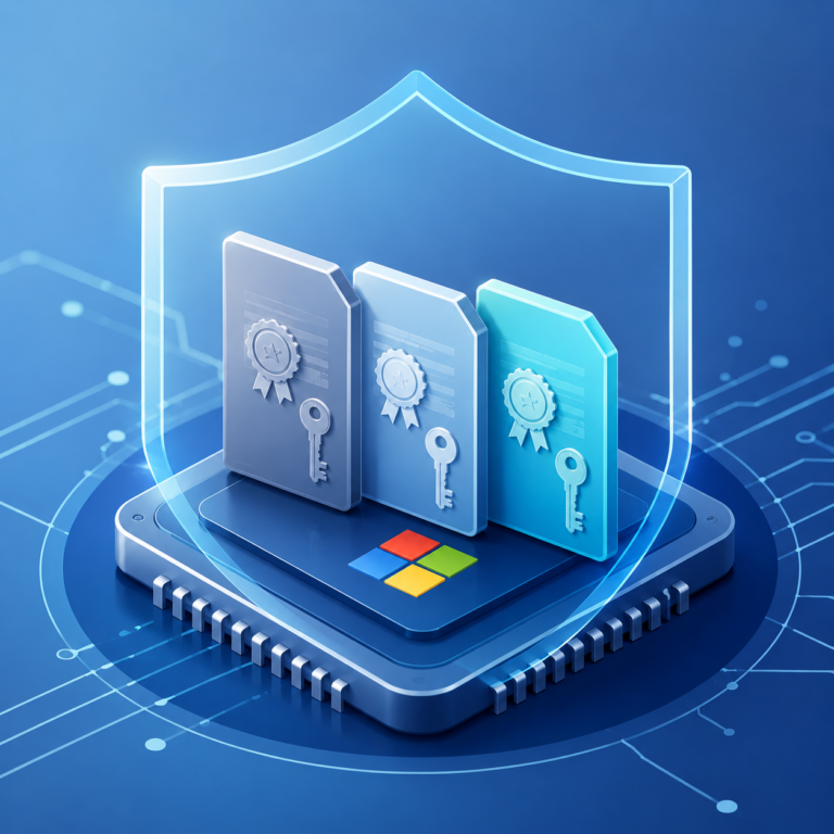 Abstrakter Firmware-Chip mit geschützten Zertifikatskarten als Symbol für Microsoft Secure Boot und erneuerte UEFI-Vertrauensanker.