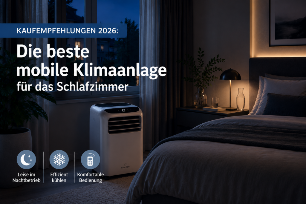 Modernes Schlafzimmer bei Nacht mit mobiler Klimaanlage als Beitragsbild für Kaufempfehlungen 2026