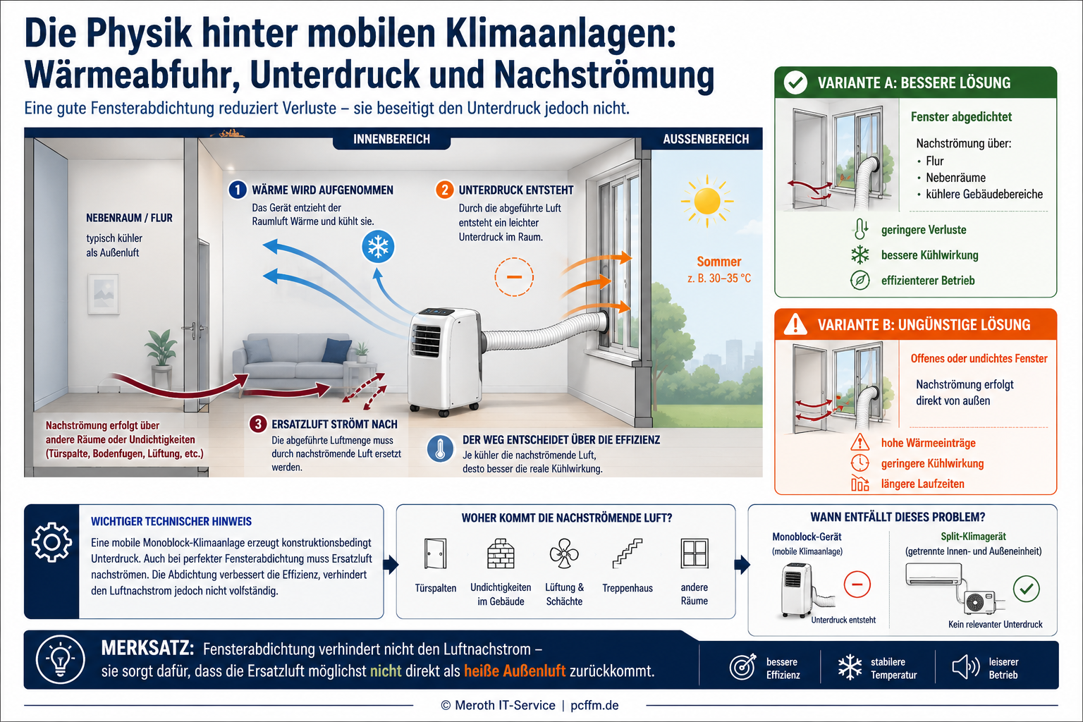 Die Infografik erklärt, dass eine mobile Monoblock-Klimaanlage warme Abluft nach außen führt und dadurch im gekühlten Raum konstruktionsbedingt ein leichter Unterdruck entsteht. Sie zeigt, dass auch bei gut abgedichtetem Fenster Ersatzluft nachströmen muss, idealerweise über kühlere Nebenräume, Flur, Türspalten oder andere Gebäudebereiche statt direkt als heiße Außenluft. Die zentrale Erkenntnis lautet, dass Fensterabdichtung die Effizienz verbessert, den Luftnachstrom aber nicht verhindert; wer diesen Unterdruckeffekt vermeiden möchte, benötigt ein Split-Klimagerät.