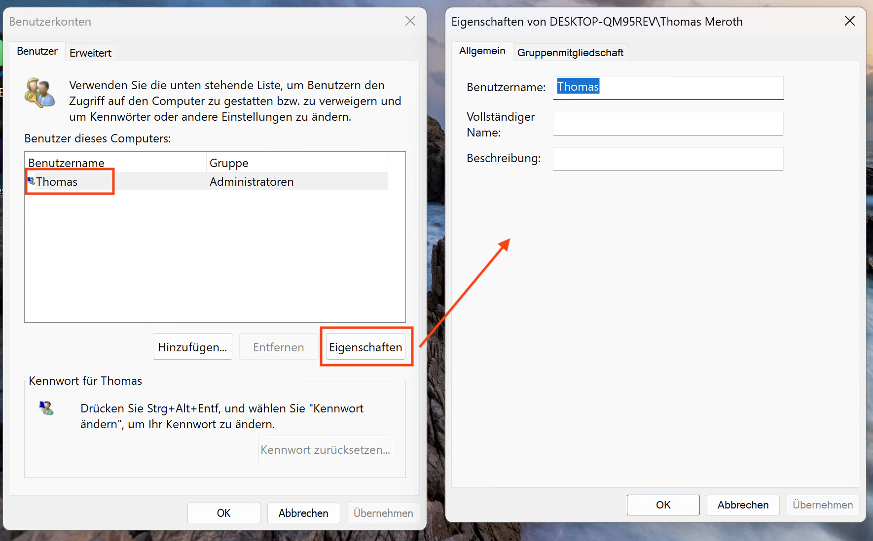 In der Windows Benutzerkontenverwaltung den entsprechenden Benutzernamen ändern und speichern