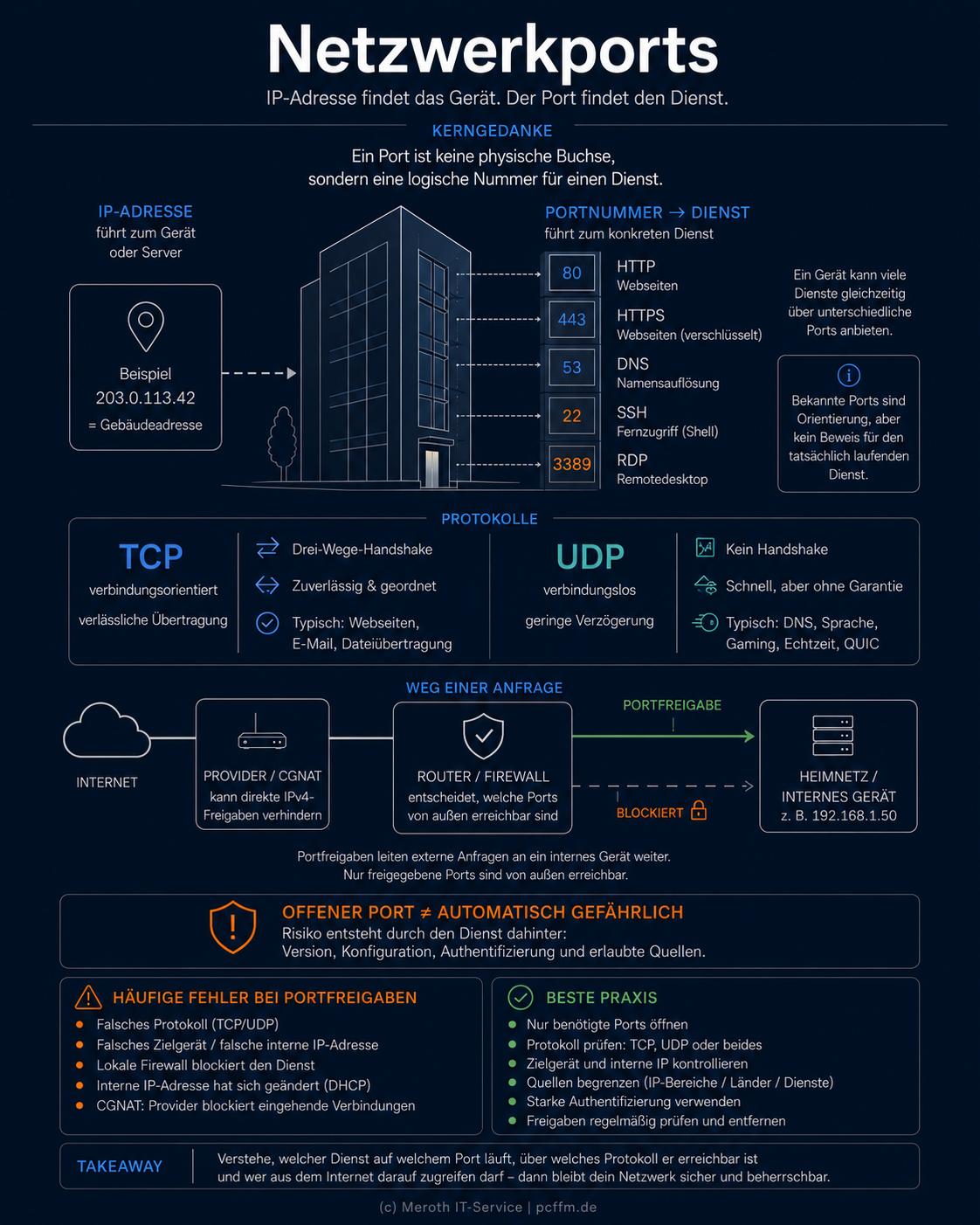 Infografik zum Thema Netzwerkports. Die Grafik trägt die Überschrift „Netzwerkports“ und erklärt, dass die IP-Adresse ein Gerät oder einen Server findet, während die Portnummer zum konkreten Dienst führt. Zentral wird ein Server als stilisiertes Gebäude dargestellt: links steht die IP-Adresse als Gebäudeadresse, rechts sind mehrere Portnummern als logische Türen zu Diensten visualisiert. Genannt werden beispielhaft 80 HTTP, 443 HTTPS, 53 DNS, 22 SSH und 3389 RDP, mit dem Hinweis, dass bekannte Ports nur Orientierung bieten und keinen Beweis für den tatsächlich laufenden Dienst darstellen. Darunter vergleicht die Infografik TCP und UDP: TCP wird als verbindungsorientiert und zuverlässig dargestellt, UDP als verbindungslos und verzögerungsarm. Eine weitere Ebene zeigt den Weg einer Anfrage vom Internet über Provider beziehungsweise CGNAT und Router/Firewall bis zum Heimnetz oder internen Gerät. Dabei wird erklärt, dass Portfreigaben externe Anfragen nur für ausgewählte Ports an interne Geräte weiterleiten und nicht freigegebene Anfragen blockiert werden. Im unteren Bereich weist die Grafik darauf hin, dass ein offener Port nicht automatisch gefährlich ist, das Risiko aber vom Dienst dahinter abhängt, insbesondere von Version, Konfiguration, Authentifizierung und erlaubten Quellen. Zusätzlich werden häufige Fehler bei Portfreigaben genannt, darunter falsches Protokoll, falsches Zielgerät, lokale Firewall, geänderte interne IP-Adresse und CGNAT. Eine Best-Practice-Box empfiehlt, nur benötigte Ports zu öffnen, TCP oder UDP korrekt zu prüfen, Zielgerät und interne IP zu kontrollieren, Quellen zu begrenzen, starke Authentifizierung zu verwenden und Freigaben regelmäßig zu entfernen.
