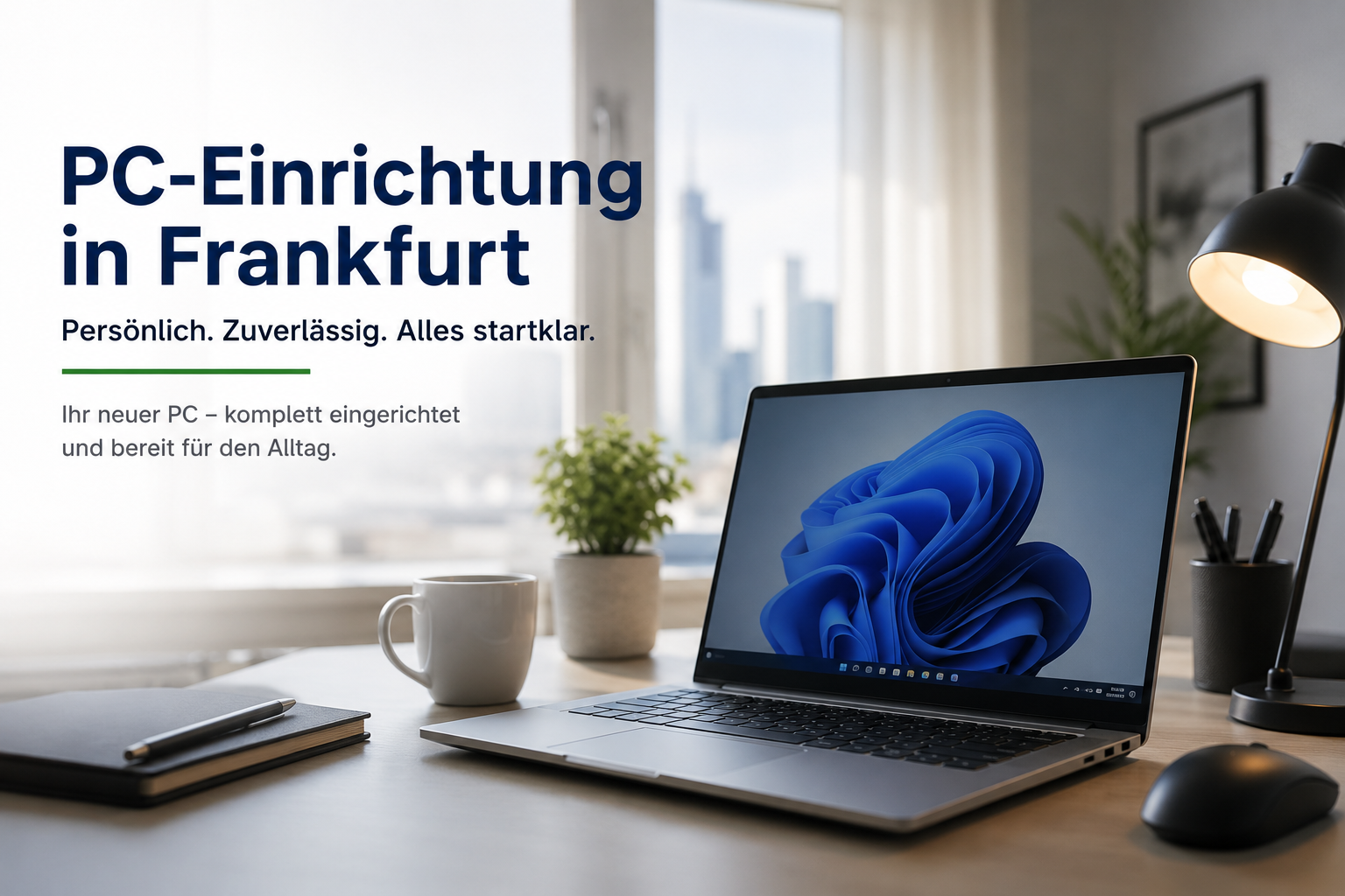 Fotorealistisches Hero-Bild zur PC-Einrichtung in Frankfurt: moderner Arbeitsplatz mit eingerichtetem Laptop, ruhiger Büroatmosphäre und eingeblendeter Headline „PC-Einrichtung in Frankfurt“ samt Hinweis auf zuverlässige Einrichtung für den Alltag.