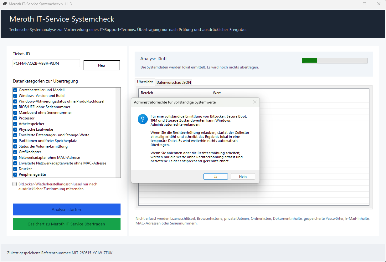 Screenshot des Meroth IT-Service Systemcheck beim Start der Analyse