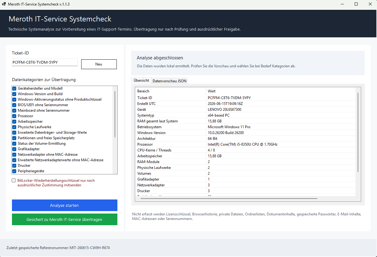 Screenshot des Meroth IT-Service Systemcheck mit angezeigtem Analyseergebnis