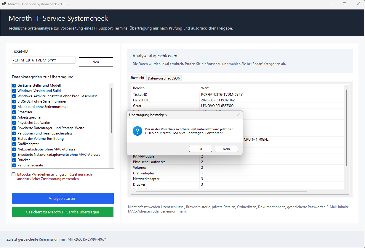 Screenshot des Meroth IT-Service Systemcheck mit Bestätigung vor der Übertragung