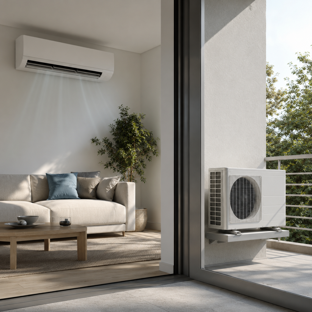 Moderne Split-Klimaanlage mit Innen- und Außeneinheit in einem hellen Wohnraum mit Balkon und sommerlichem Sonnenlicht