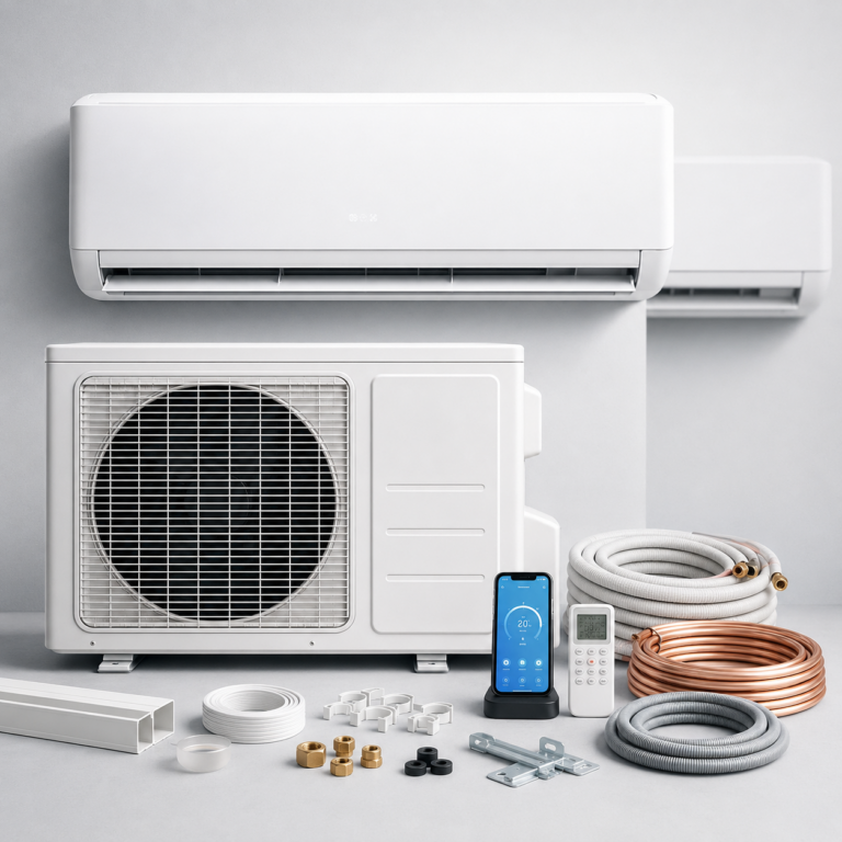18.000-BTU-Split-Klimaanlage mit montiertem Innengerät im Wohnraum, Außengerät an der Außenwand sowie Fernbedienung, App-Steuerung und Installationsmaterial.