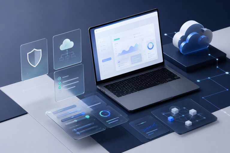 Modernes Business-Thumbnail mit abstraktem digitalen Workspace, Laptop, transparenten Analyse- und Entscheidungsmodulen, Cloud- und Sicherheitsarchitektur sowie feinen Netzwerk-Linien in Navy, Graphit, Off-White und dezenten Blau-/Cyan-Akzenten.