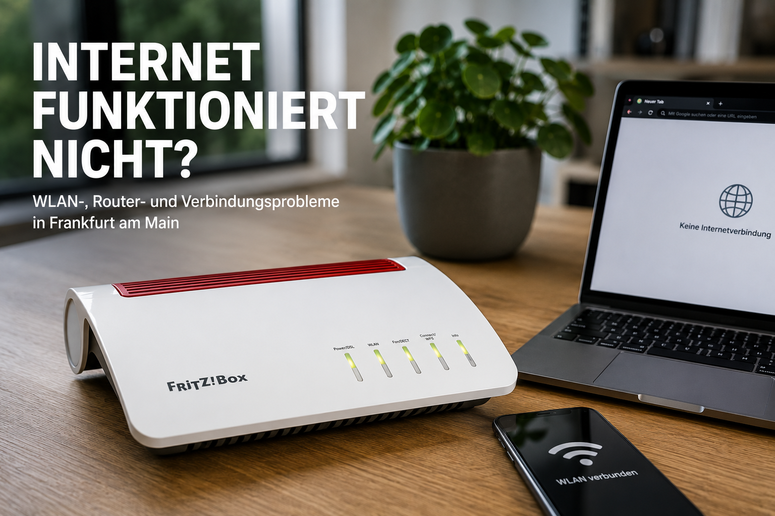 Internet funktioniert nicht im Homeoffice: Fotorealistisches Herobild mit FRITZ!Box, Laptop und Smartphone zeigt WLAN-, Router- und Verbindungsprobleme in Frankfurt am Main bei fehlender Internetverbindung.